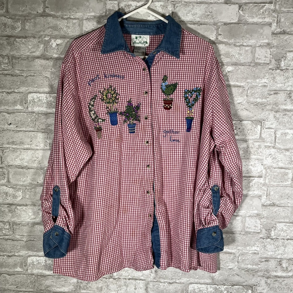 Vintage Quacker Factory Gingham Garden Shirt Size 2X Cottagecore Grandma